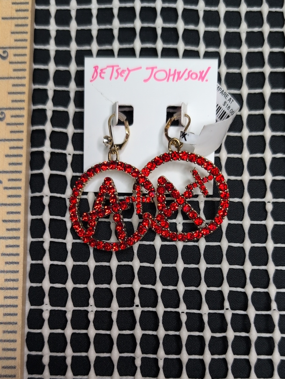 NWT Betsey Johnson Red Rhinestone Anarchy Hoop Drop Earrings